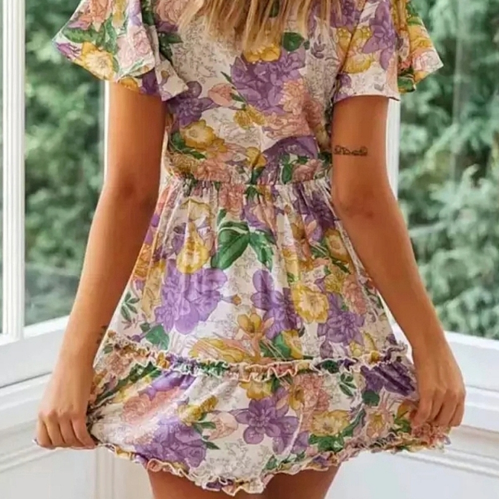 Floral Plunge Neck Tie Front Flutter Sleeve Ruffle Trim Dress - Picture 2 of 14